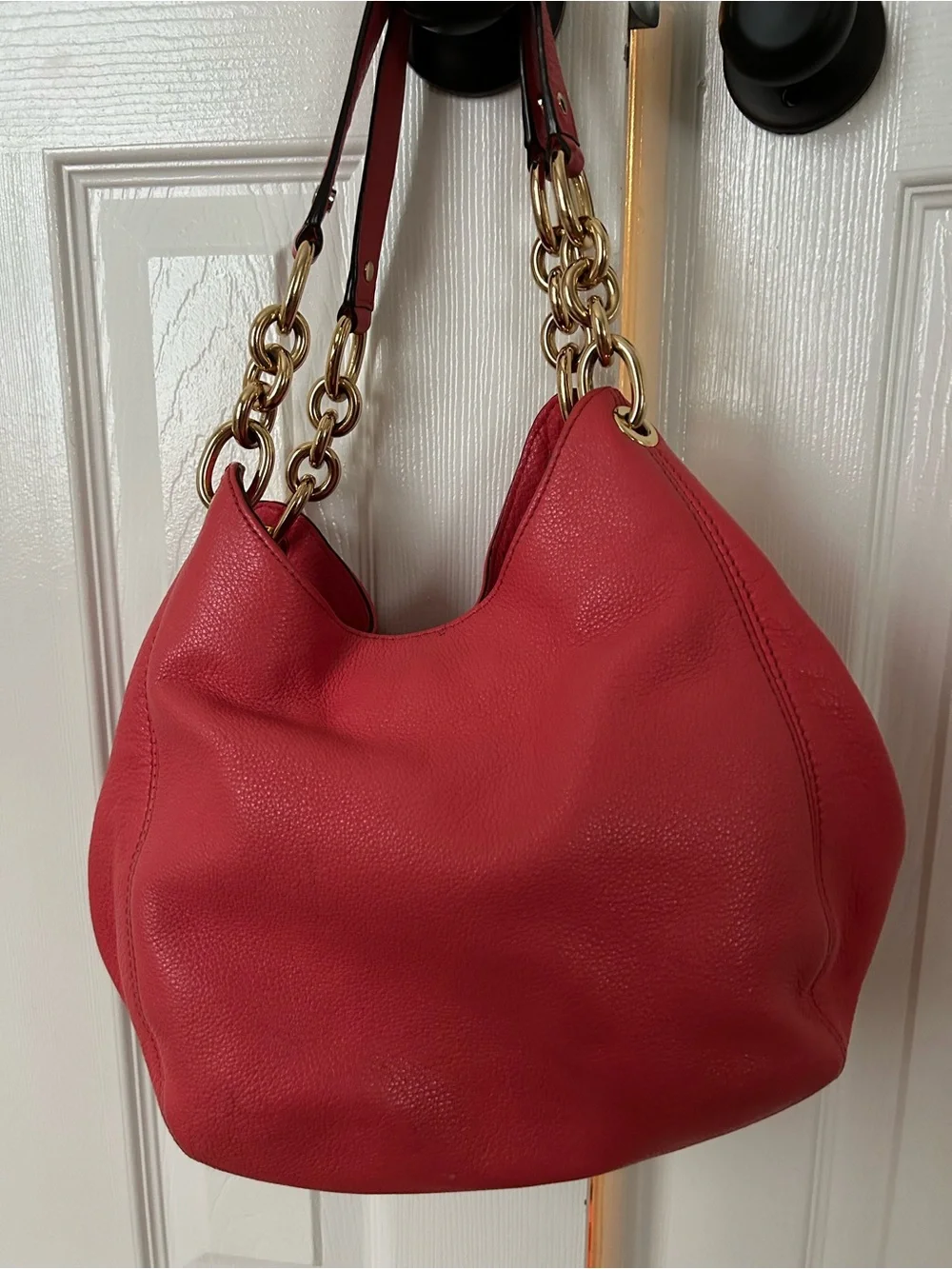 Michael Kors Coral-Red Pebbled Leather Chain Strap Hobo